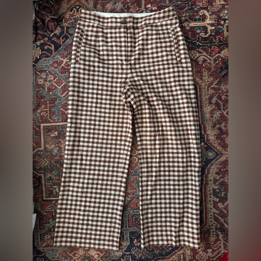 Sezane Brown and White Checkered Cropped Pants